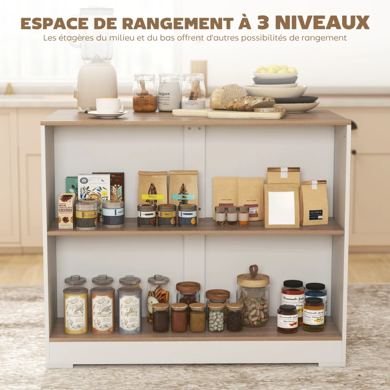 HOMCOM Table de bar, table haute cuisine à 3 niveaux 2 compartiments ouverts, plateau effet bois naturel 113 x 60 x 90 cm blanc