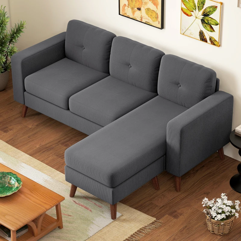 HOMCOM Sofá Chaise Longue Reversível Sofá de Canto em Forma de L de 3 Lugares Estofado em Veludo Cotelê 192x137x84 cm Cinzento Escuro