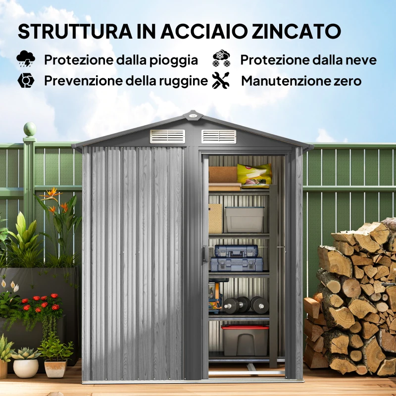 Outsunny Casetta da Giardino Porta Attrezzi in Acciaio con Tetto Inclinato e 4 Prese d'Aria, 152x132x188 cm, Grigio