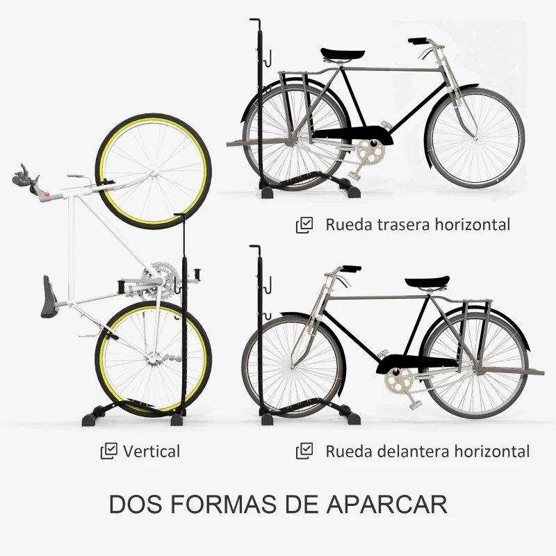 SPORTNOW Aparcamiento para Bicicletas Vertical y Horizontal con Ganchos Ajustables para Bicicletas de 24-29 Pulgadas y 700 C Negro