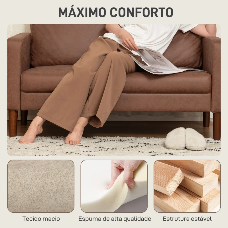 HOMCOM Sofá de 2 Lugares Estofado em Microfibra Sofá Moderno com Pés de Madeira Apoio de Braços 130x78x85 cm Castanho