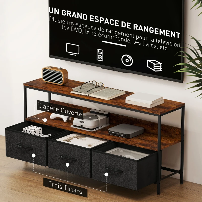 HOMCOM Meuble TV, meuble télé pour téléviseur jusqu'à 55 pouces avec 3 tiroirs et pieds en acier 120 x 29 x 56 cm brun rustique