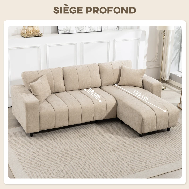 HOMCOM Canapé d'angle réversible, canapé 3 places avec méridienne, 2 oreillers, cadre en acier, 242x156x87cm, beige