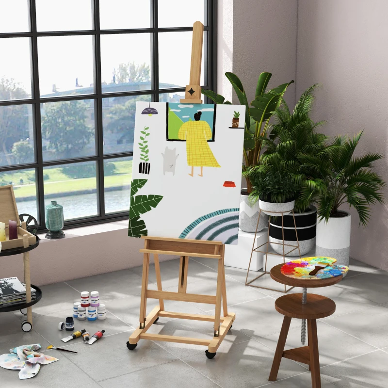 Vinsetto Chevalet d'artiste sur roulettes pliable en bois de hêtre pour toiles à peindre jusqu'à 118 cm bois naturel