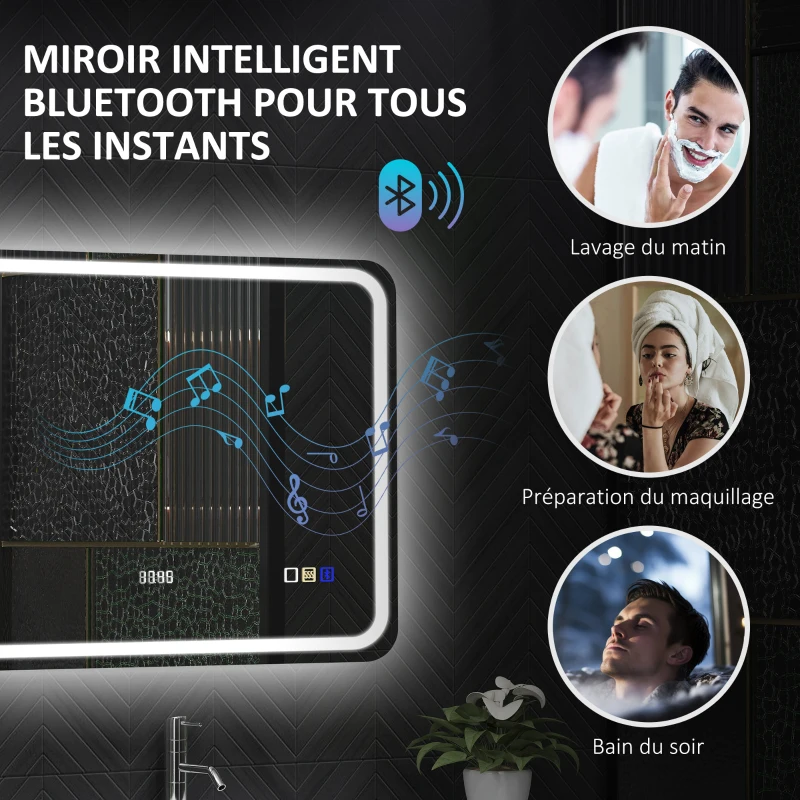 HOMCOM Miroir salle de bain Bluetooth avec éclairage LED 50 x 70 cm, miroir lumineux mural avec horloge, antibuée, argenté