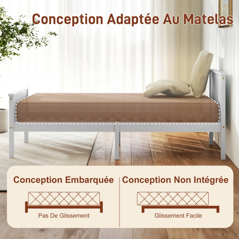 HOMCOM Cadre de lit 90 x 200 cm, lit simple en bois massif avec sommier à lattes tête et pied inclus, assemblage facile, blanc