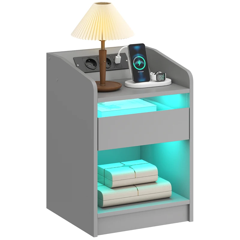 HOMCOM Mesita de Noche con Estación de Carga Luz LED RGB Cajón Estante Abierto Puertos USB y Control Remoto 40x40x58 Cm Gris