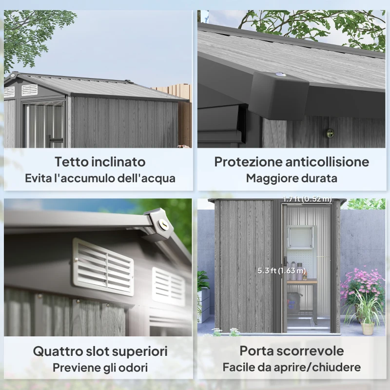 Outsunny Casetta da Giardino Porta Attrezzi in Acciaio con Tetto Inclinato e 4 Prese d'Aria, 152x132x188 cm, Grigio