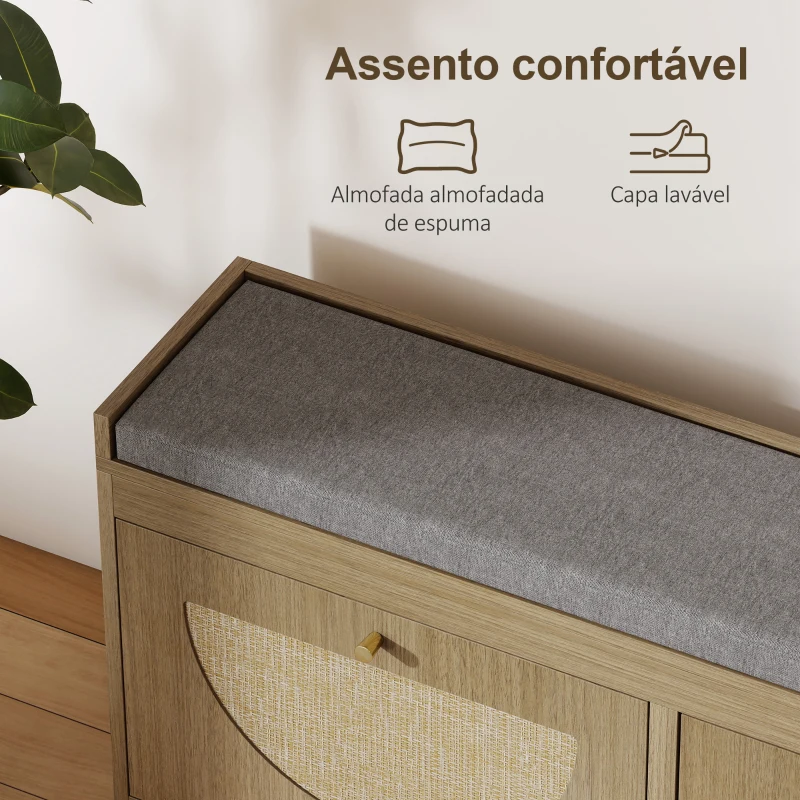 HOMCOM Banco Sapateira com Assento Acolchoado Portas em Vime Prateleira Ajustável para 8 Pares de Sapatos 104,5x24x48 cm Madeira