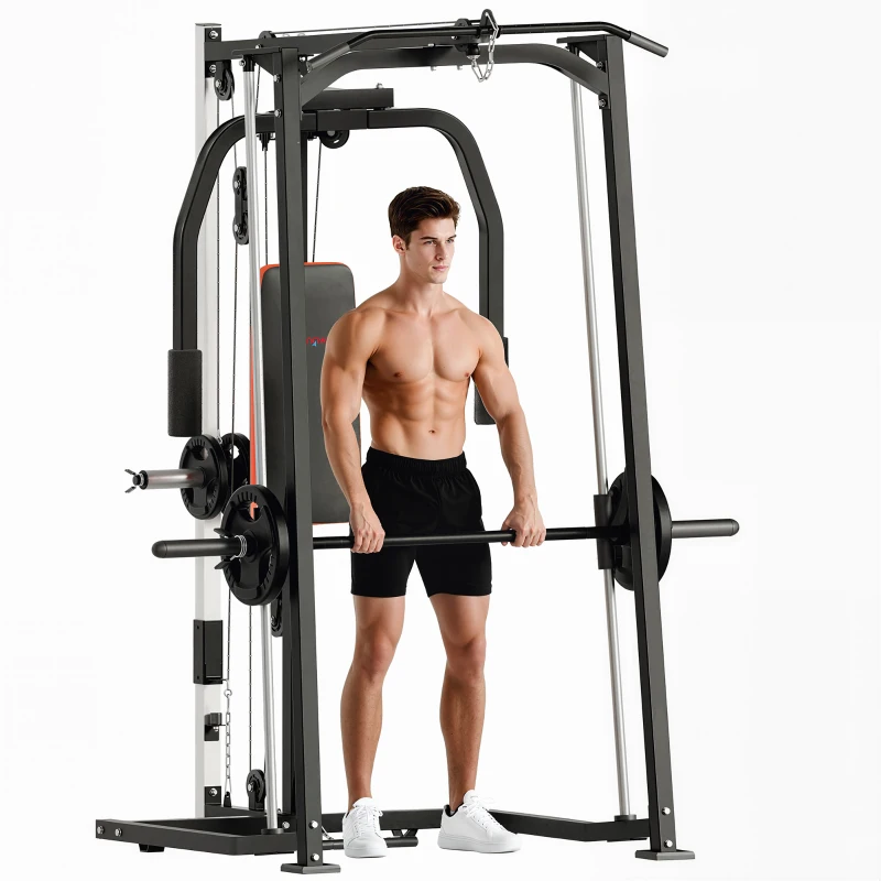 SPORTNOW 3-in-1 Smith Machine with Dual Cable Pulley System, Chest Press Station, 17-Level Squat Rack and Barbell Bar