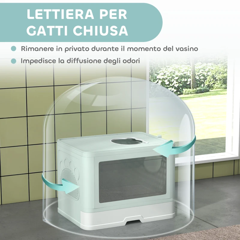 PawHut Lettiera per Gatti Chiusa con Coperchio e Doppia Entrata, Cassetto Estraibile, Paletta e Spazzola, Verde