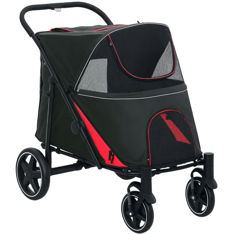 PawHut Passeggino per Cani Pieghevole con Ingressi a Cerniera e Finestre a Rete, 112x65x100 cm, Rosso e Nero