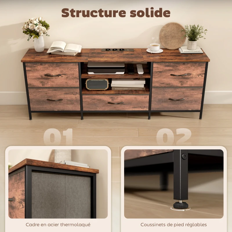 HOMCOM Meuble TV 140 cm, meuble télé 65 pouces, station de charge, 5 tiroirs en tissu, étagères ouvertes, 140x30x50cm, marron
