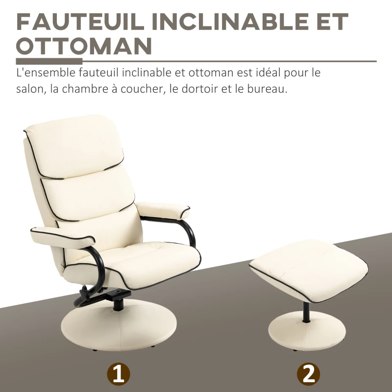 HOMCOM Fauteuil relax avec pouf, fauteuil TV avec dossier inclinable, pivotant à 360° assise rembourrée confortable, crème