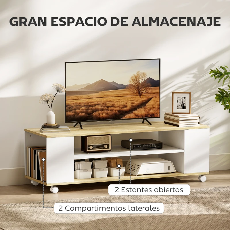 HOMCOM Mueble de TV Flotante y Ruedas con 2 Estantes para Televisores de hasta 55 Pulgadas 120x40x38,5 cm Blanco