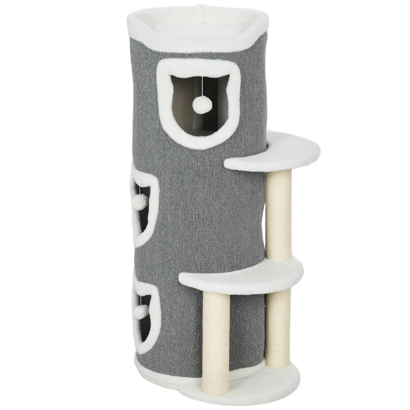 PawHut 101 cm Katzenturm, 3 Ebenen, 3 Schlafhöhlen, Spielbälle, Kratzpfosten, Sisal, Spanplatte, Grau
