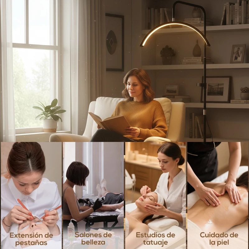 HOMCOM Lámpara Pestañas Media Luna con Cabeza Giratoria 350° 7 Temperaturas de Color Brillo Ajustable Soporte para Teléfono