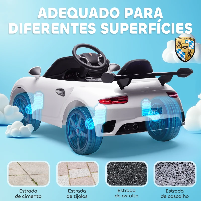 AIYAPLAY Carro Elétrico para Crianças de Polícia  12V com Motor Duplo Sirene Música Sem Fios Buzina Rodas Auxiliares e Faróis LED 105x58x49 cm Branco