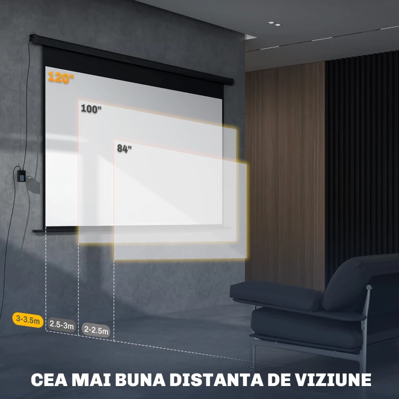 HOMCOM Ecran de proiecție motorizat 120 inch, 16:9 4K HD, montaj pe perete sau tavan cu telecomandă, 297x8x183cm
