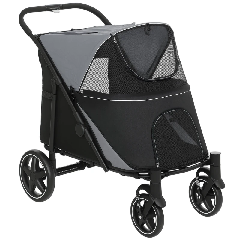 PawHut Passeggino per Cani Pieghevole con Ingressi a Cerniera e Finestre a Rete, 112x65x100 cm, Grigio Scuro e Nero