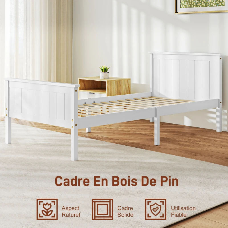 HOMCOM Cadre de lit 90 x 200 cm, lit simple en bois massif avec sommier à lattes tête et pied inclus, assemblage facile, blanc