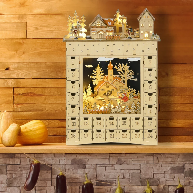 HOMCOM Calendrier de l'Avent LED en forme de village enneigé avec 24 tiroirs décoration lumineuse de Noël beige