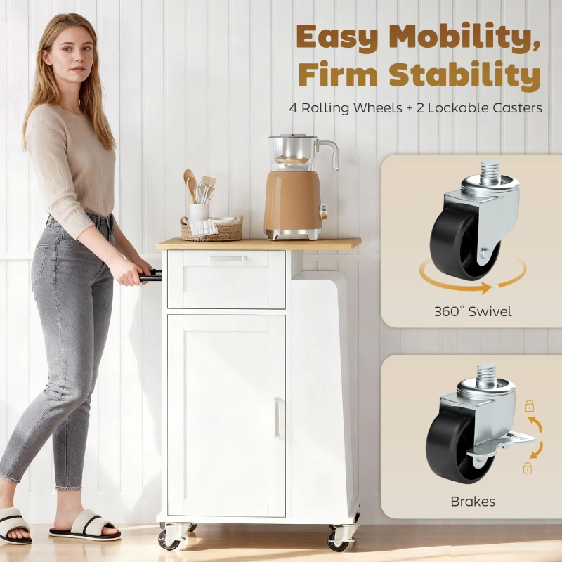 Cărucior de Bucătărie HOMCOM cu Sertar, Dulap, Suport pentru Prosoape și 3 Suporturi pentru Condimente, din Lemn, 62x40x87 cm, Alb