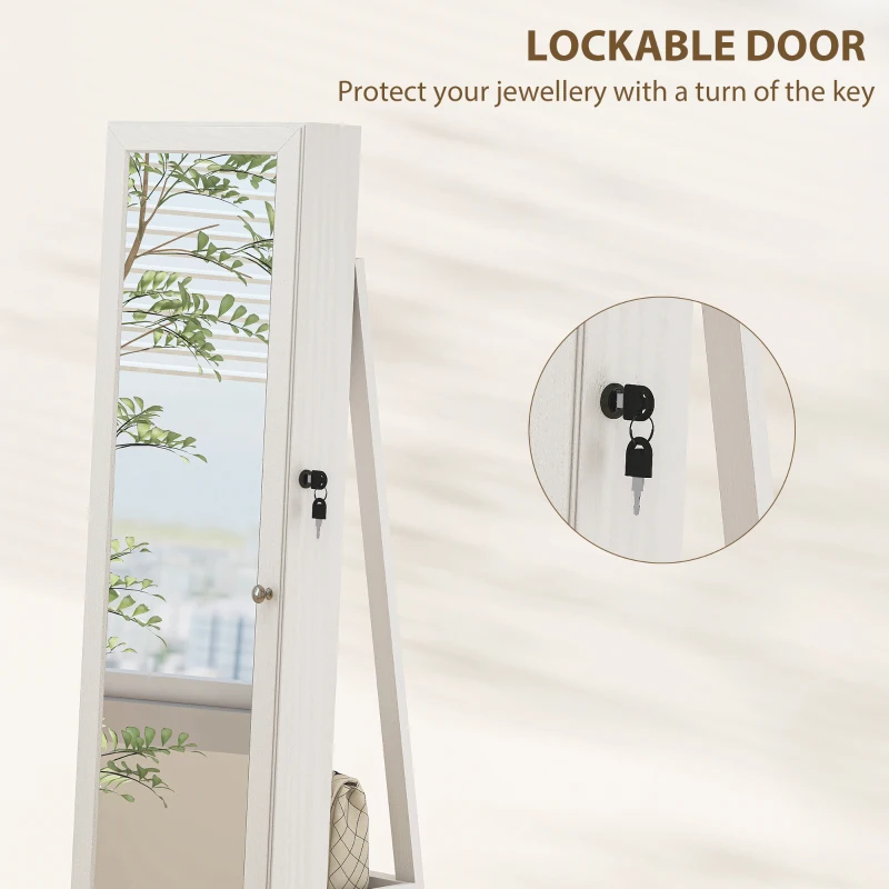 HOMCOM 360° Swivel Jewellery Cabinet, Free Standing Full Length Mirror with Storage, Lockable Jewellery Organiser with Built-in Makeup Mirror and Storage Shelves for Bedroom, White