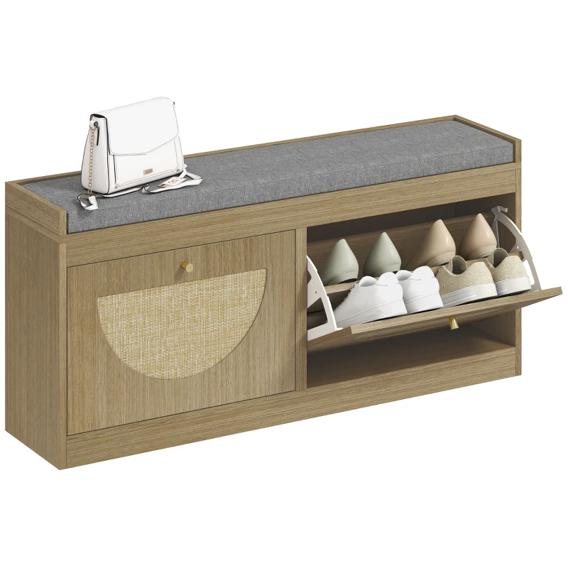 HOMCOM Banco Sapateira com Assento Acolchoado Portas em Vime Prateleira Ajustável para 8 Pares de Sapatos 104,5x24x48 cm Madeira