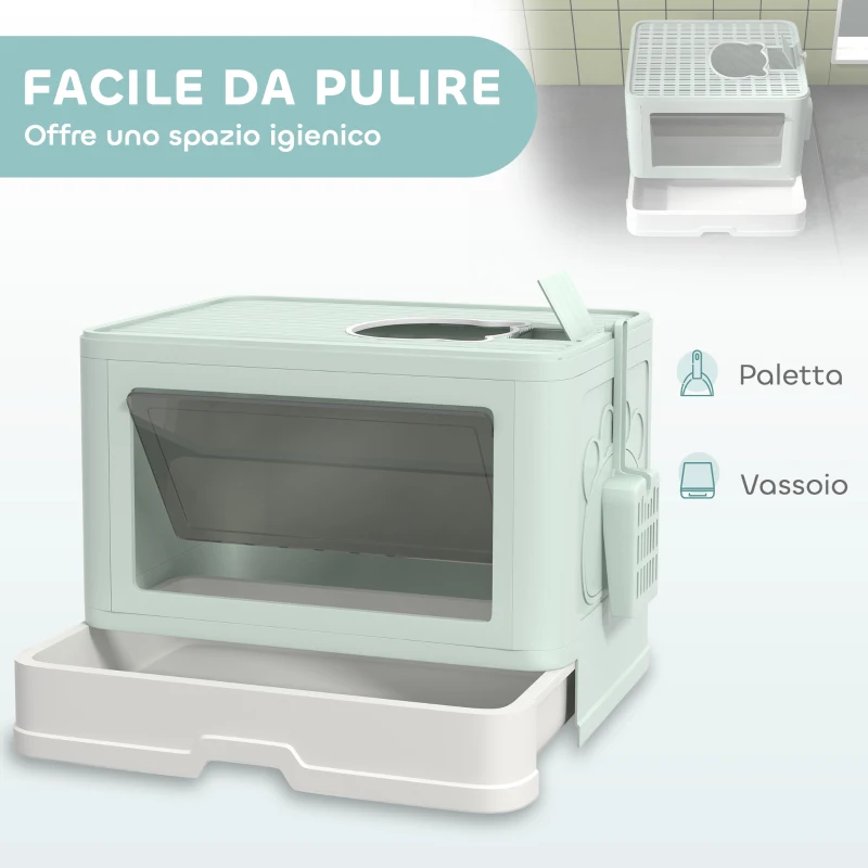 PawHut Lettiera per Gatti Chiusa con Coperchio e Doppia Entrata, Cassetto Estraibile, Paletta e Spazzola, Verde