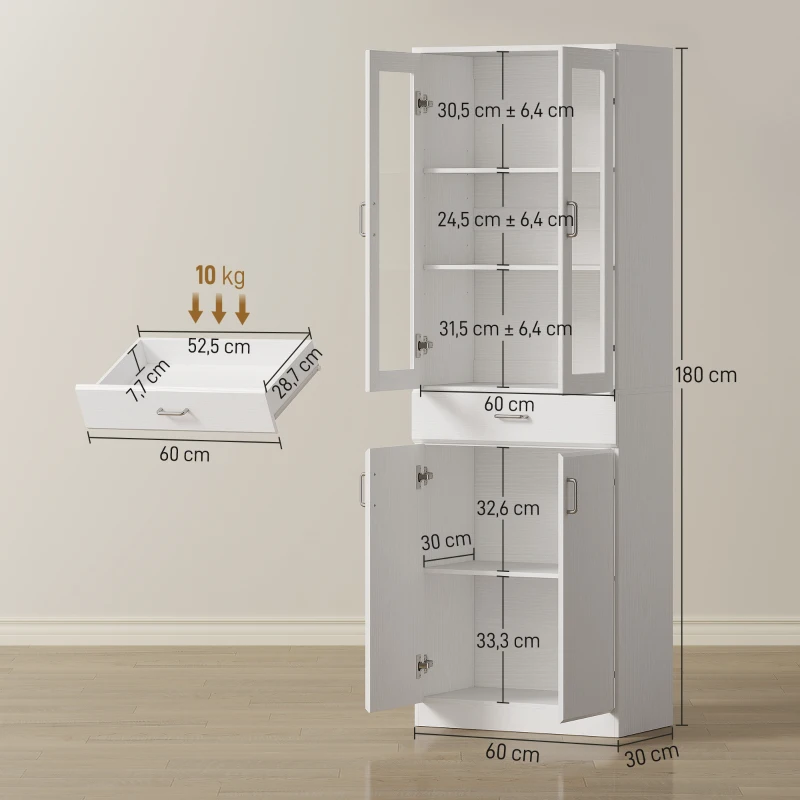 HOMCOM Buffet alto para cozinha, armário de cozinha, 4 portas sendo 2 em vidro, gavetas, prateleiras ajustáveis, 60x35x180cm, branco
