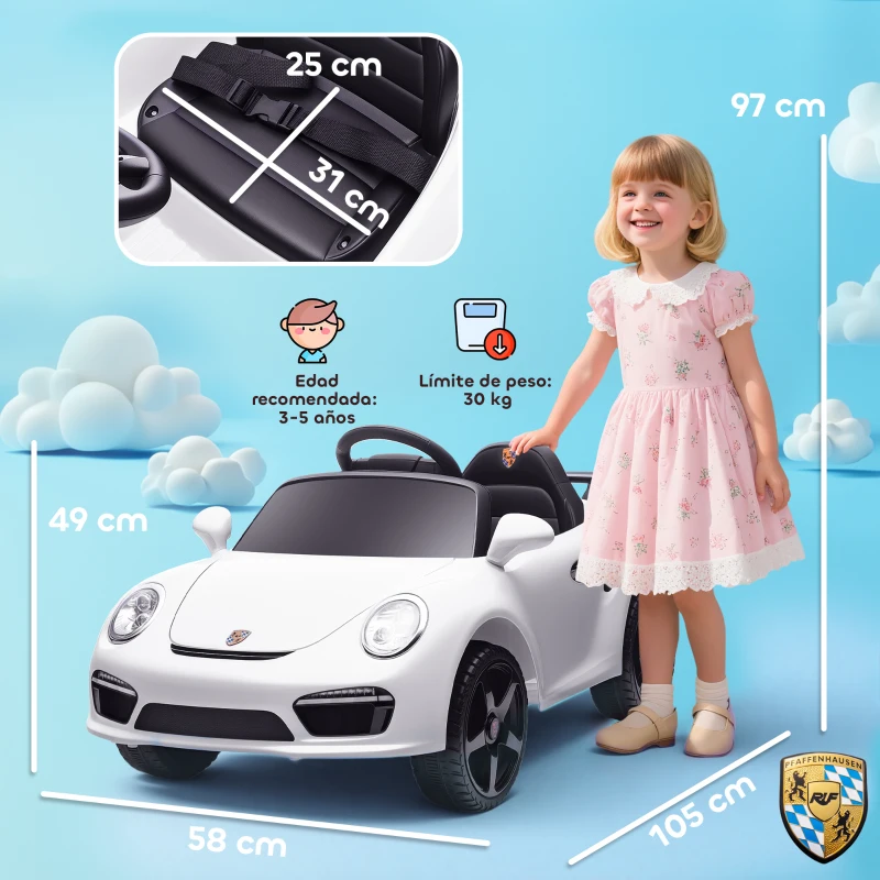 AIYAPLAY Coche Eléctrico para Niños con Licencia RUF CTR 3 Clubsport Mando a Distancia Motor Doble Ruedas Auxiliares Blanco