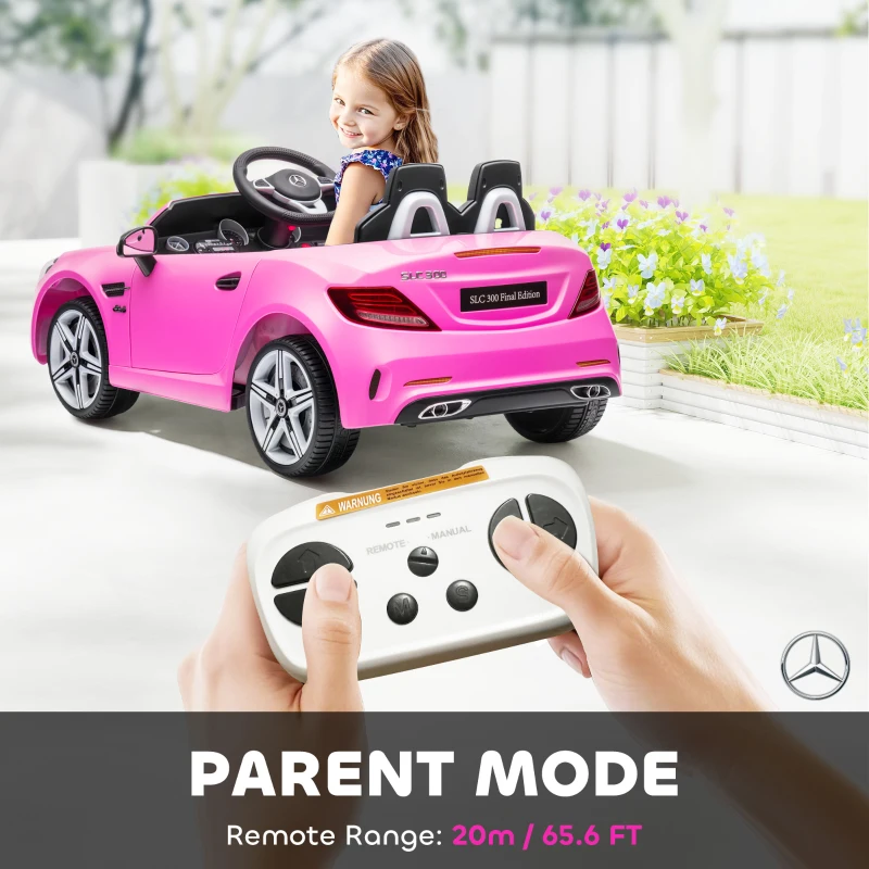 HOMCOM Benz SLC 300  Licensed 12V Kids Electric Ride On, with Music, Remote Control, LED Headlights, Horn, Pink