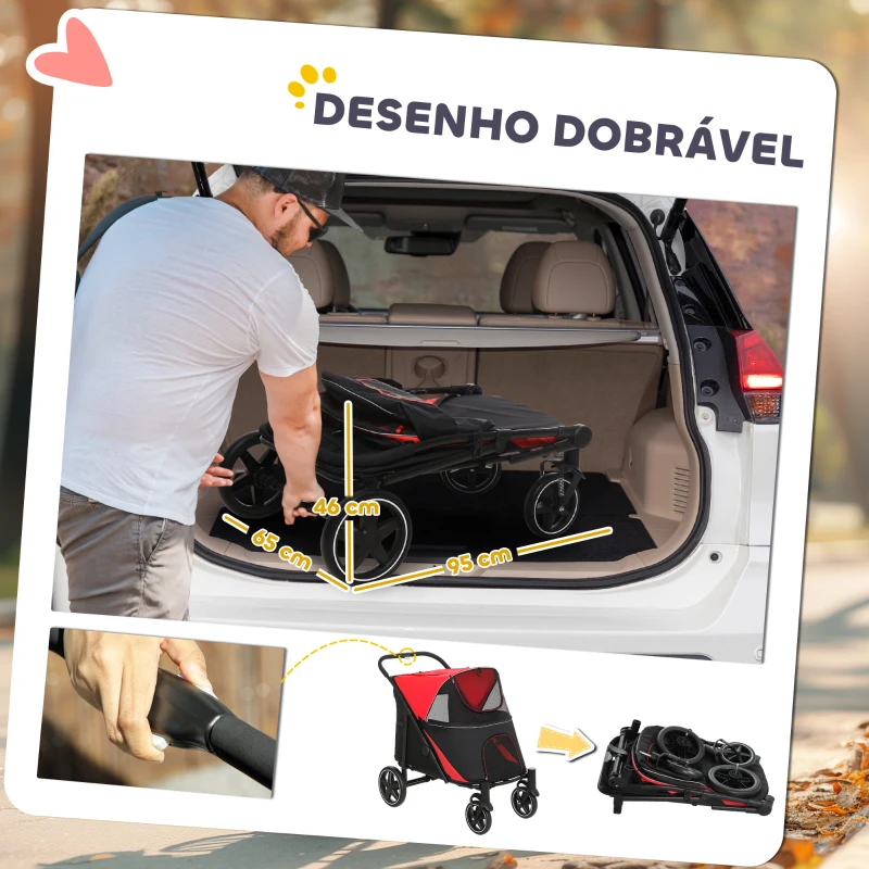 PawHut Carrinho para Cães Dobrável com Janelas de Malha Cinto de Segurança e Bolsos de Armazenamento 112x65x100 cm Vermelho