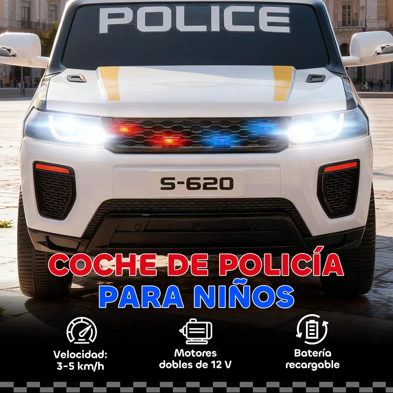 AIYAPLAY Coche Eléctrico para Niños de Policía con Mando a Distancia Motor Doble Sirena Suspensión en 4 Ruedas y Faros Blanco