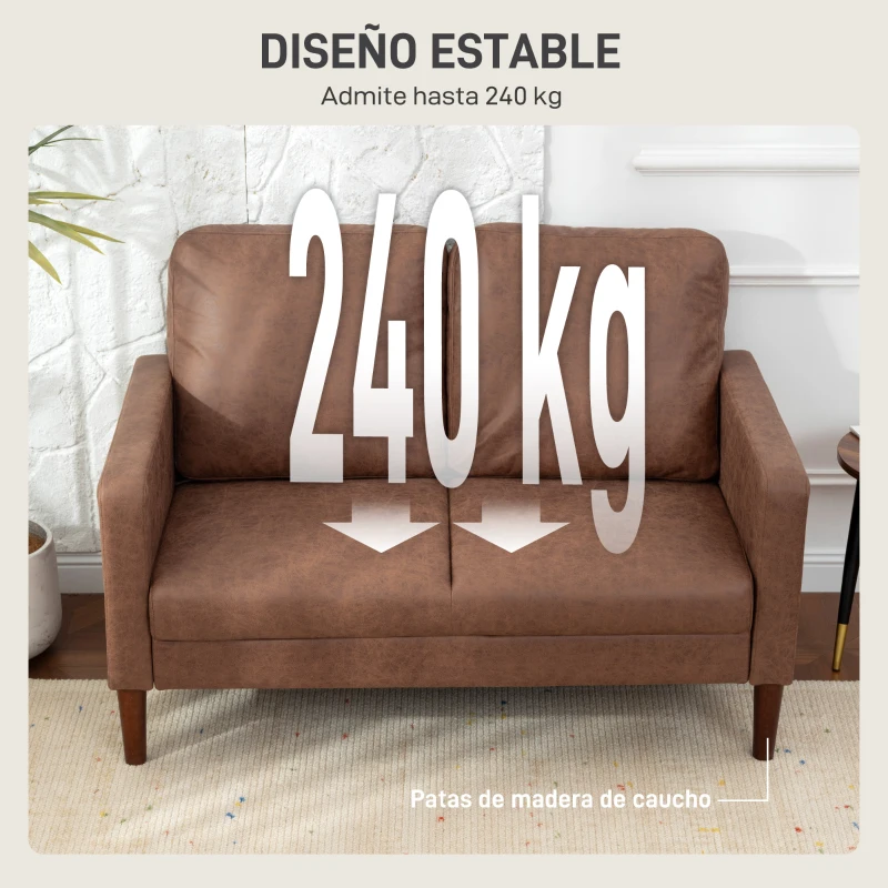 HOMCOM Sofá de 2 Plazas Tapizado en Microfibra con Patas de Madera Reposabrazos 130x78x85 cm Marrón