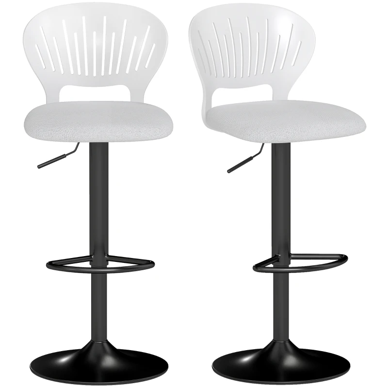 HOMCOM Set de 2 taburete de bar rotative 360°, reglabile 84-105 cm, spătar gol, suport picioare, alb