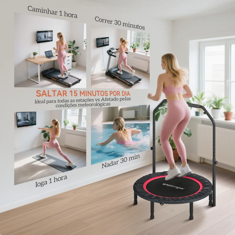 SPORTNOW Trampolim de Fitness Ø102 cm Dobrável com Guiador Ajustável de 4 Níveis e Bandas para Treino de Pernas e Corpo Vermelho