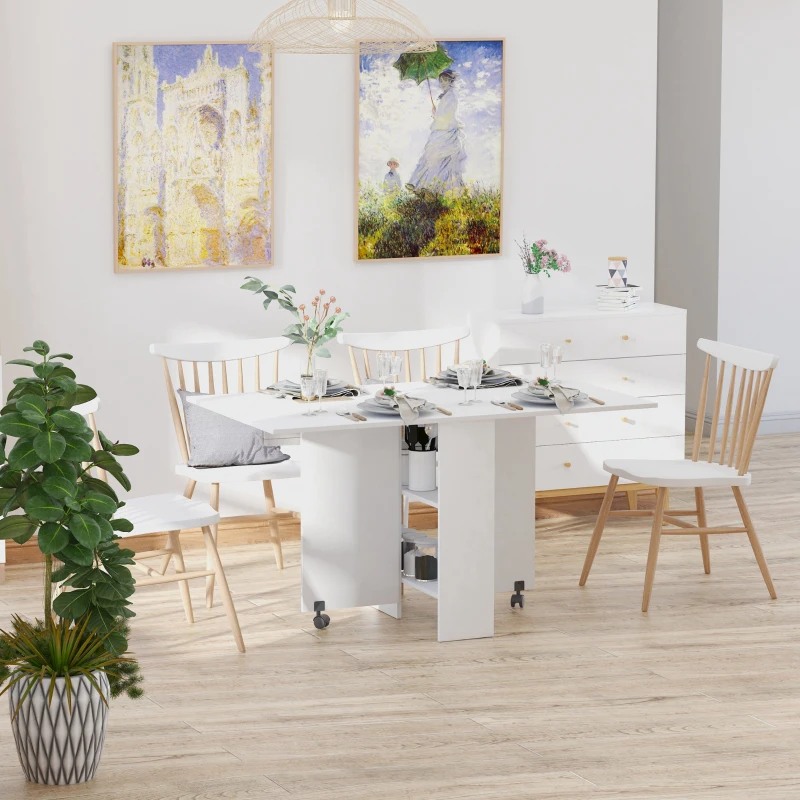 HOMCOM Table pliante de cuisine salle à manger amovible sur roulettes 75L x 140l x 74H cm 2 étagères intégrées en bois coloris blanc