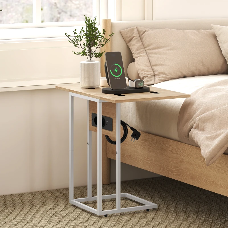 HOMCOM Mesa Auxiliar para Sofá con Encimera Plegable y Estación de Carga Forma de C para Salón Blanco y Natural