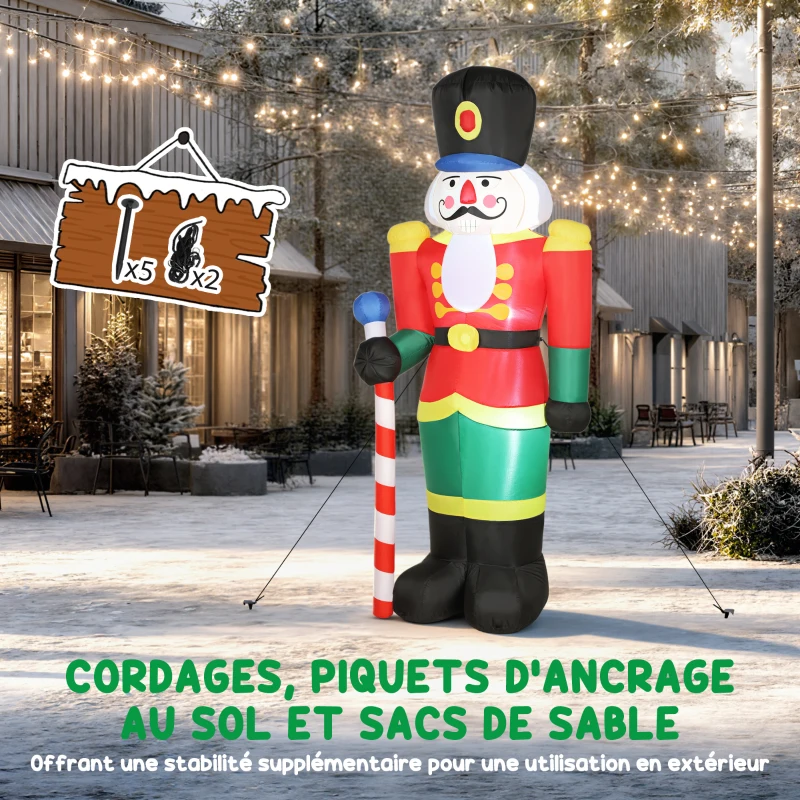 Outsunny Soldat casse-noisette gonflable de Noël 245 CM avec lumières LED et sceptre, intérieur et extérieur, multicolore