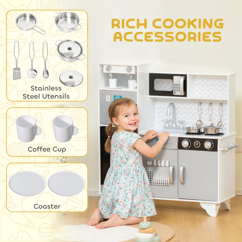 AIYAPLAY Kids Play Kitchen with Sound, Ice/Coffee Maker, Utensils, Microwave, Stainless Steel Utensils, for 3-6 Years