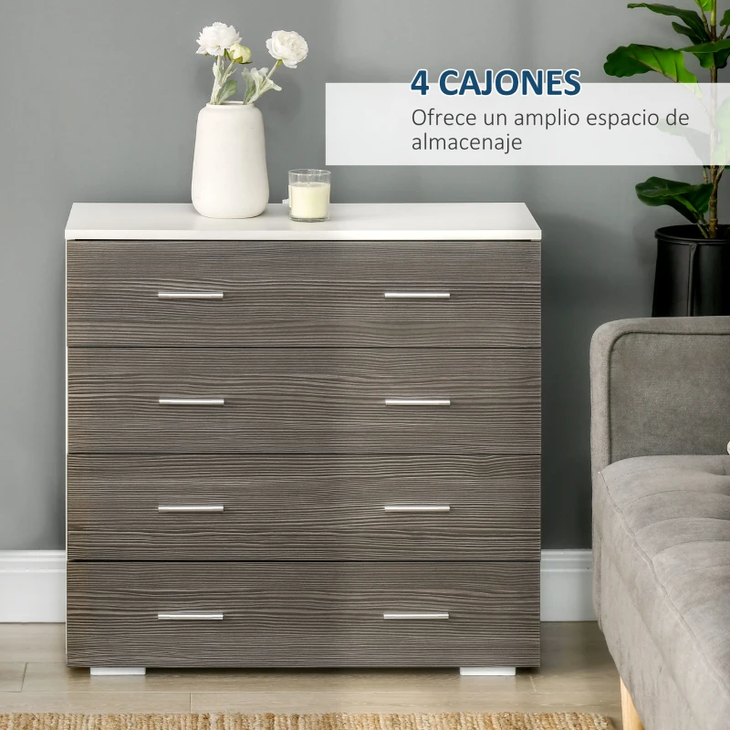 HOMCOM Cómoda con 4 Cajones Moderna Cajonera para Salón para Dormitorio Pasillo 76x35x72 cm Gris y Blanco