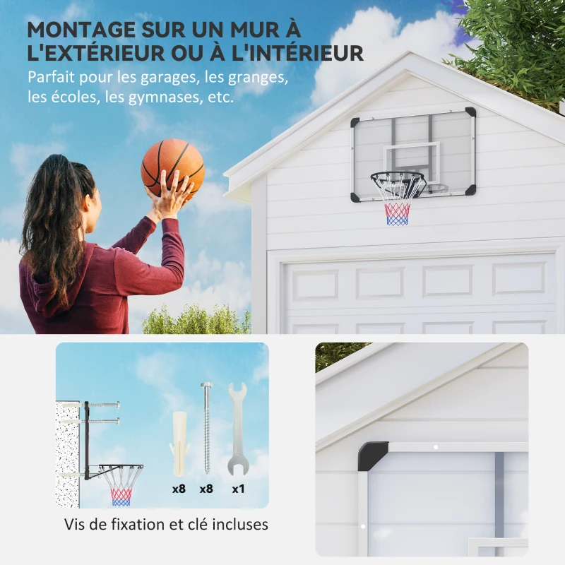 SPORTNOW Panier de basketball mural avec panier spécial filet toutes saisons pour l'intérieur et l'extérieur 113x61x73cm blanc