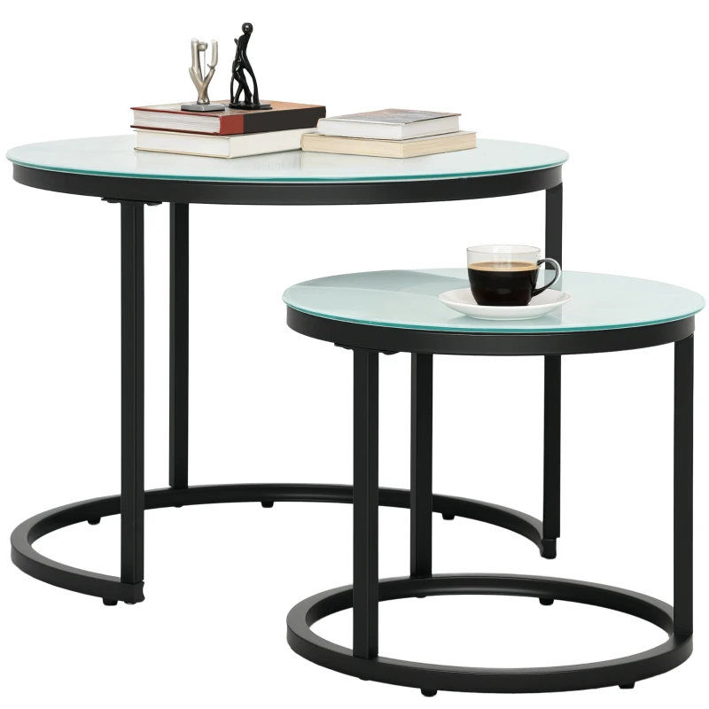 HOMCOM Glass Coffee Table Set of 2, Round Nest of Tables with Marble-Effect Tempered Glass Tabletop and Steel Frame, Modern Side Tables for Living Room, White