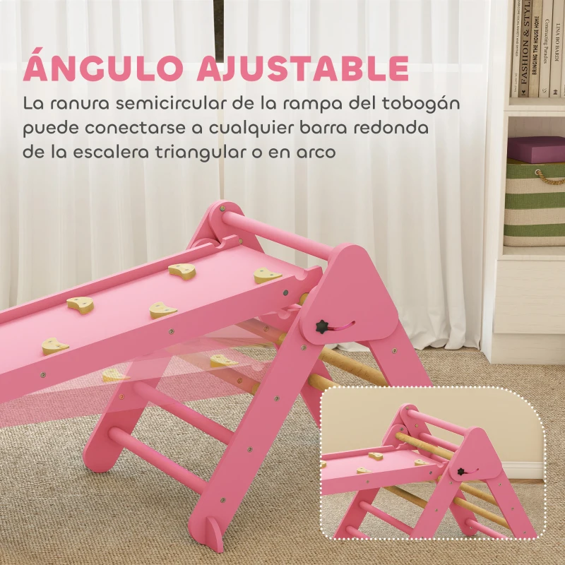 AIYAPLAY 7 en 1 Triángulo de Escalada Montessori de Madera Plegable con Arco y Rampa para Niños de 18-48 Meses 188x70 cm Rosa