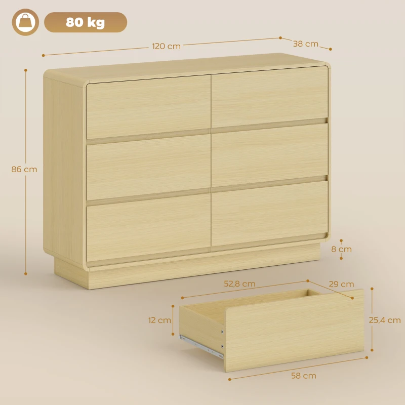 HOMCOM Cómoda com 6 Gavetas Bordos Arredondadas Cómoda para Sala Cozinha Entrada Escritório 120x38x86 cm Madeira