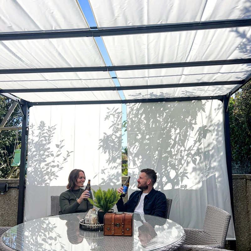 Outsunny Pérgola de Jardín 3x4 m con Techo Deslizable Cenador con Luces LED Energía Solar Marco de Acero para Patio Terraza Crema