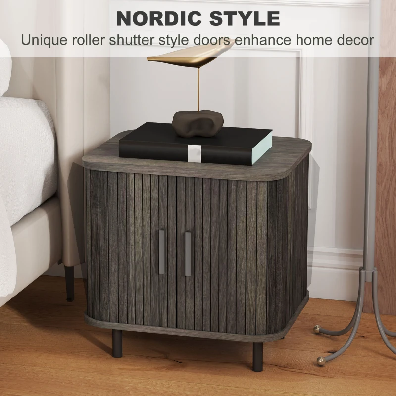 HOMCOM Bedside Table, Nordic Side Table with Roller Shutter Style Sliding Doors and Metal Legs for Bedroom, Living Room, Grey