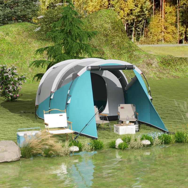 Outsunny Tente de camping familiale 3 personnes, tente tunnel imperméable, 2 portes fenêtres, ventilée 4,6 x 2,6 x 1,9 m, bleu
